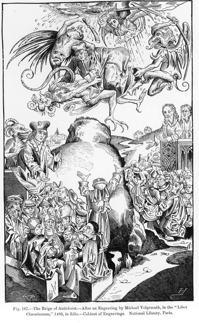 The Reign of Antikrist, z Liber Chronicarum, vydané v roce 1493, ilustrace z, Věda a literatura ve středověku a renesanci, napsal a vyryl Paul Lacroix, 1878 (rytina od Michael Wolgemut