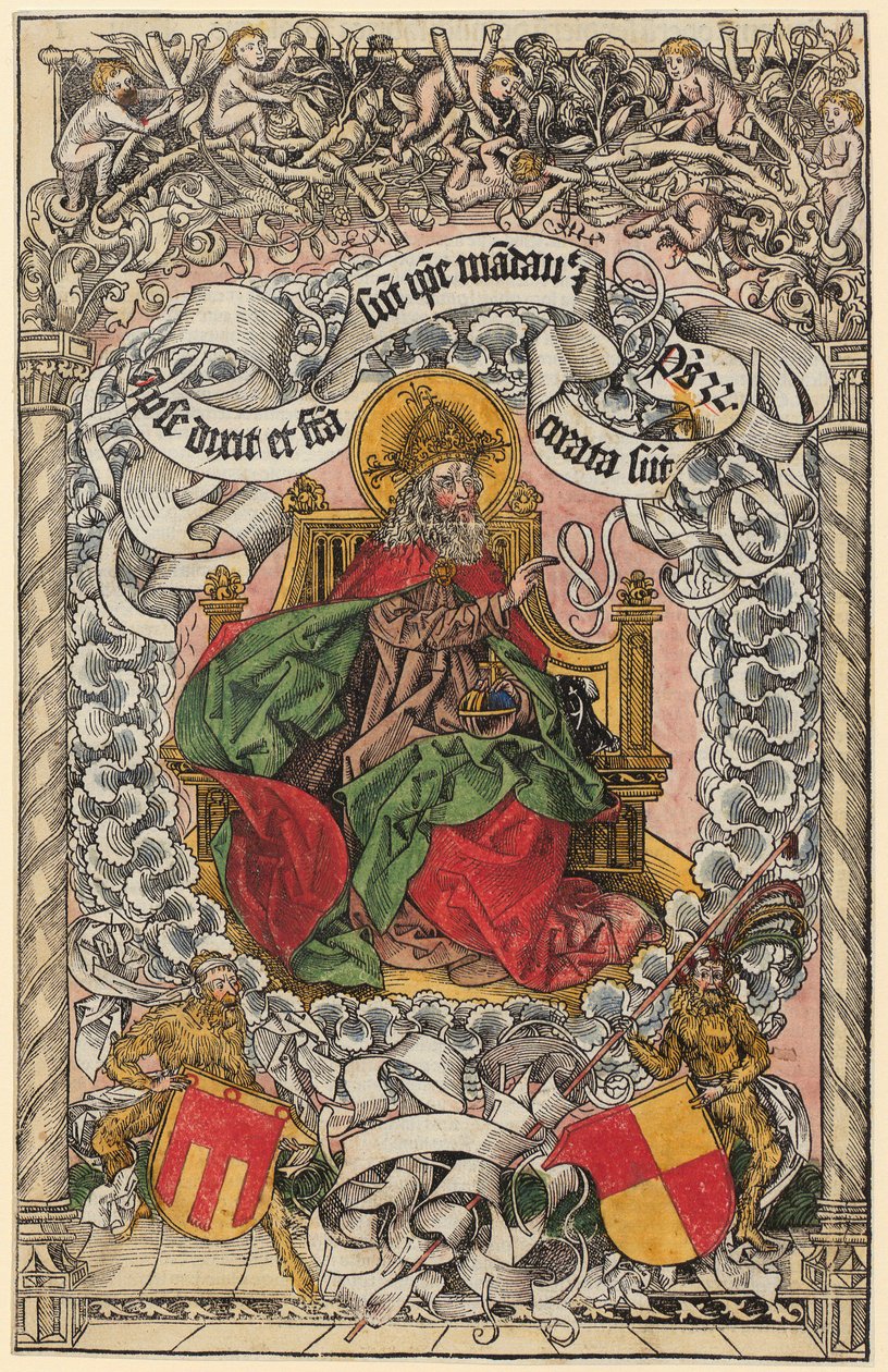 Titelholzschnitt mit Gottvater auf dem himmlischen Thron, die Hand segnend erhoben od Michael Wolgemut