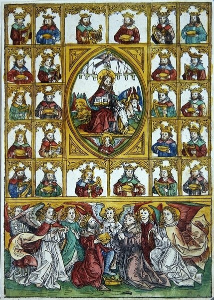 Ježíš obklopený Symboly čtyř evangelistů a mnoha králů nesoucích harfy a zlaté poháry od Michael Wolgemut or Wolgemuth