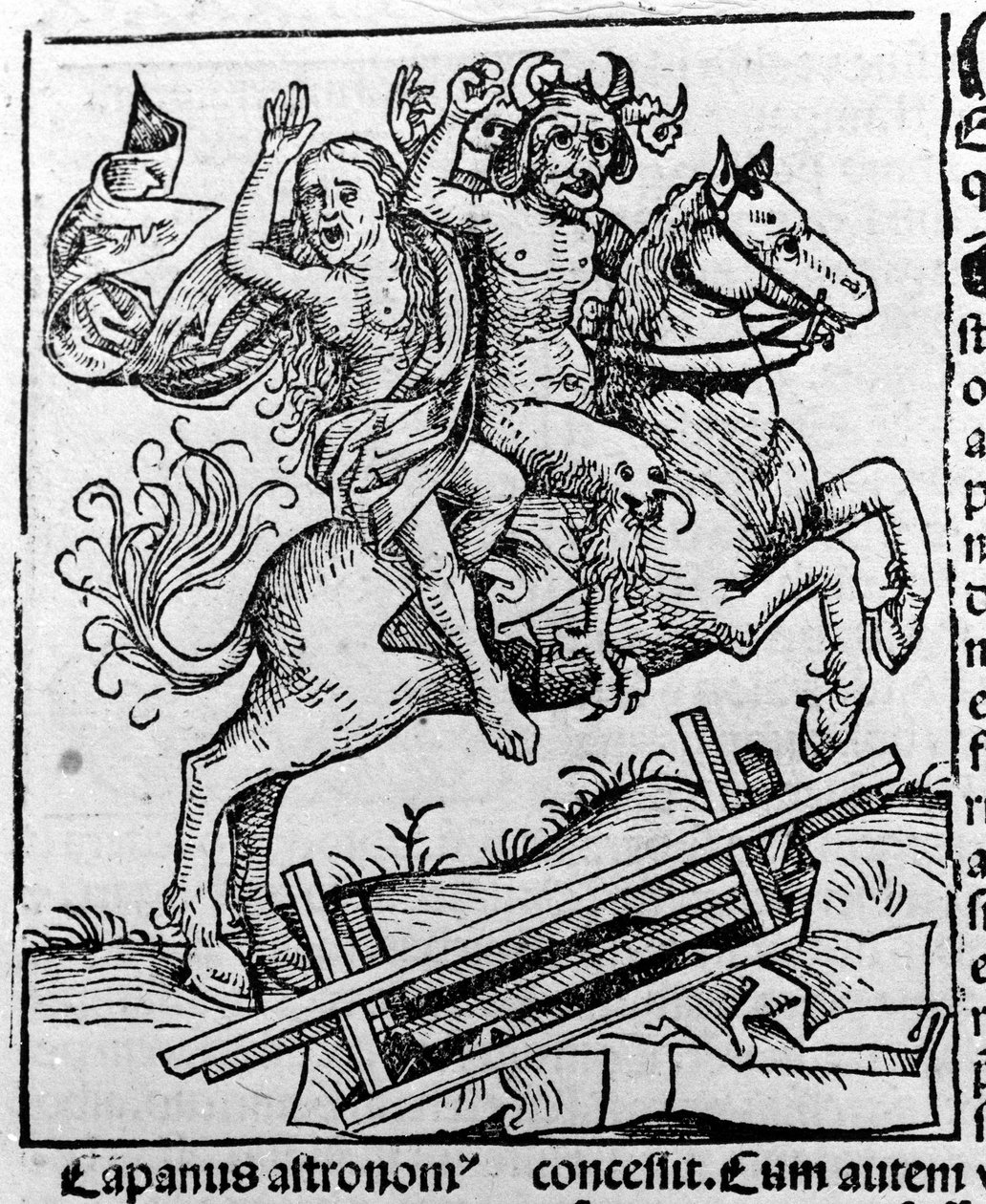Ďábel a čarodějnice jdoucí na sabat od Hartmanna Schedela Liber chronicarum Norimberk 1493 od Michael Wolgemut or Wolgemuth