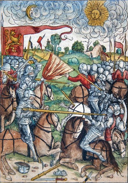 Bitva u Gibeonu a nehybné slunce a měsíc na žádost Jozue, z knihy „Le tresor, ou recipient de la vraie richesse du salut de la beatitude eternelle“ od Kobergera, vydaného v Norimberku od Michael Wolgemut or Wolgemuth