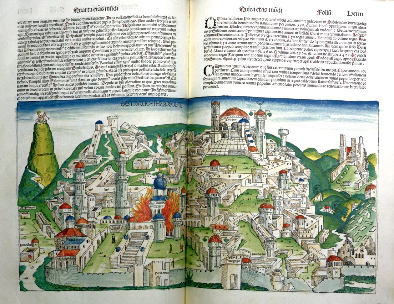 Vzbouřené město Jeruzalém zničené císařem Titem, z Norimberské kroniky od Hartmanna Schedela (1440-1514) vytištěné v roce 1493 od Michael and Pleydenwurff, W. Wolgemuth