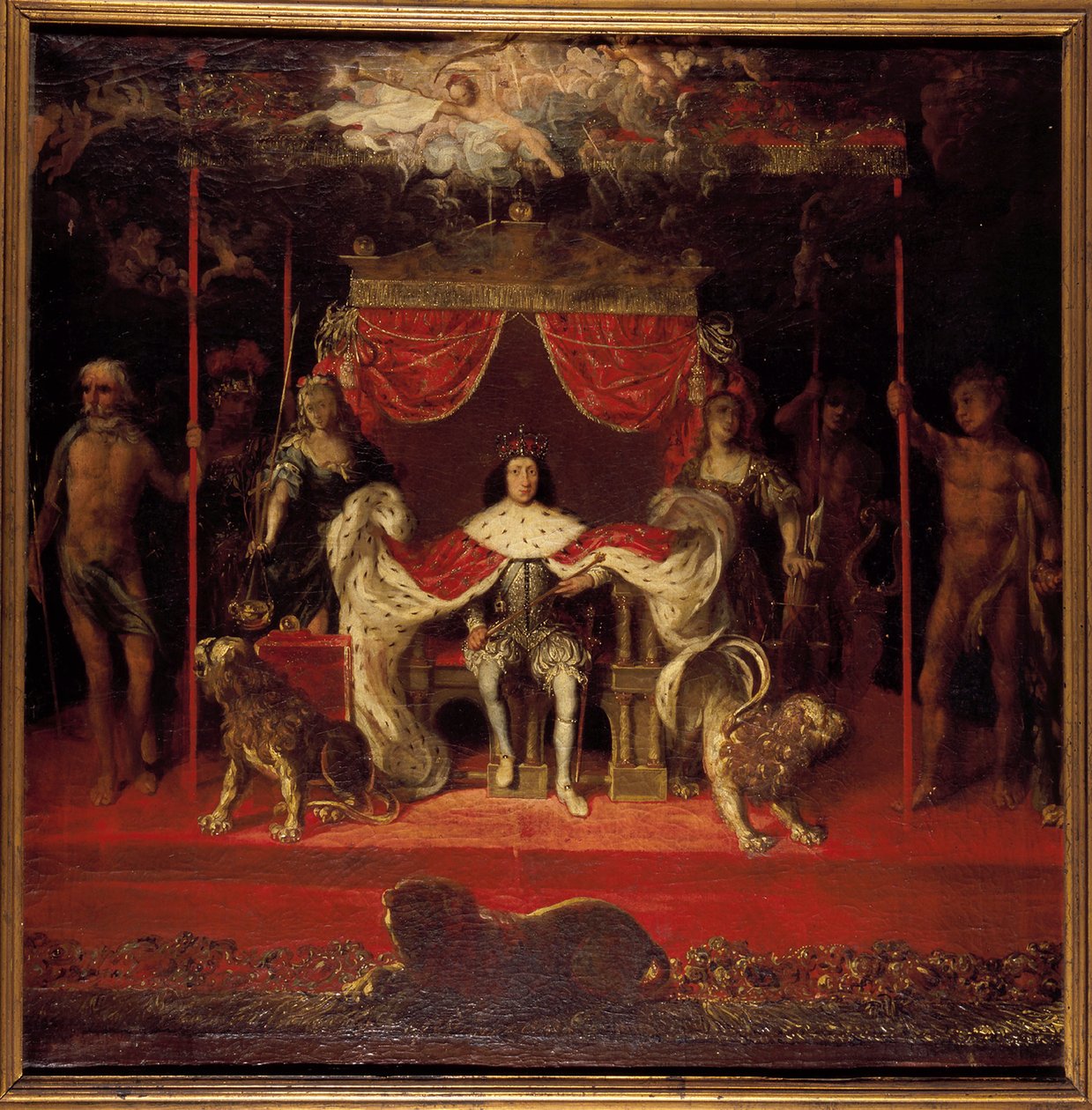 Portrét Christiana V. Dánska 1646-1699 na trůnu v paláci Frederiksborg. od Michael van Haven