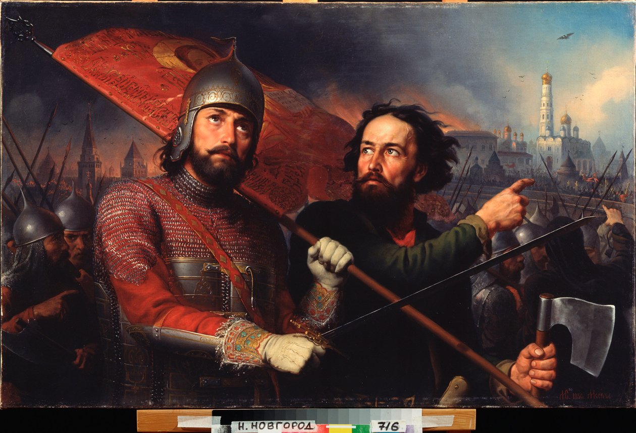 Národní povstání Kuzmy (Kuzmy nebo Kozmy) Minina (zemřel v roce 1616) a hraběte Dmitrije Požarského (Požarského) (1577-1642) (osvobození Moskvy z polské okupace v roce 1612) - Národní povstání Kuzmy Minina a hraběte Dmitrije Požarského - Malování od Michail Ivanovich Skotti