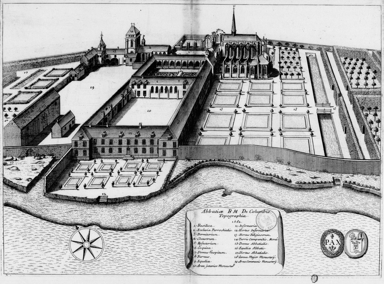 Rytá deska ze 17. století představující opatství Notre-Dame de Coulombs, v knize Monasticon Gallicanum od Michel Germain