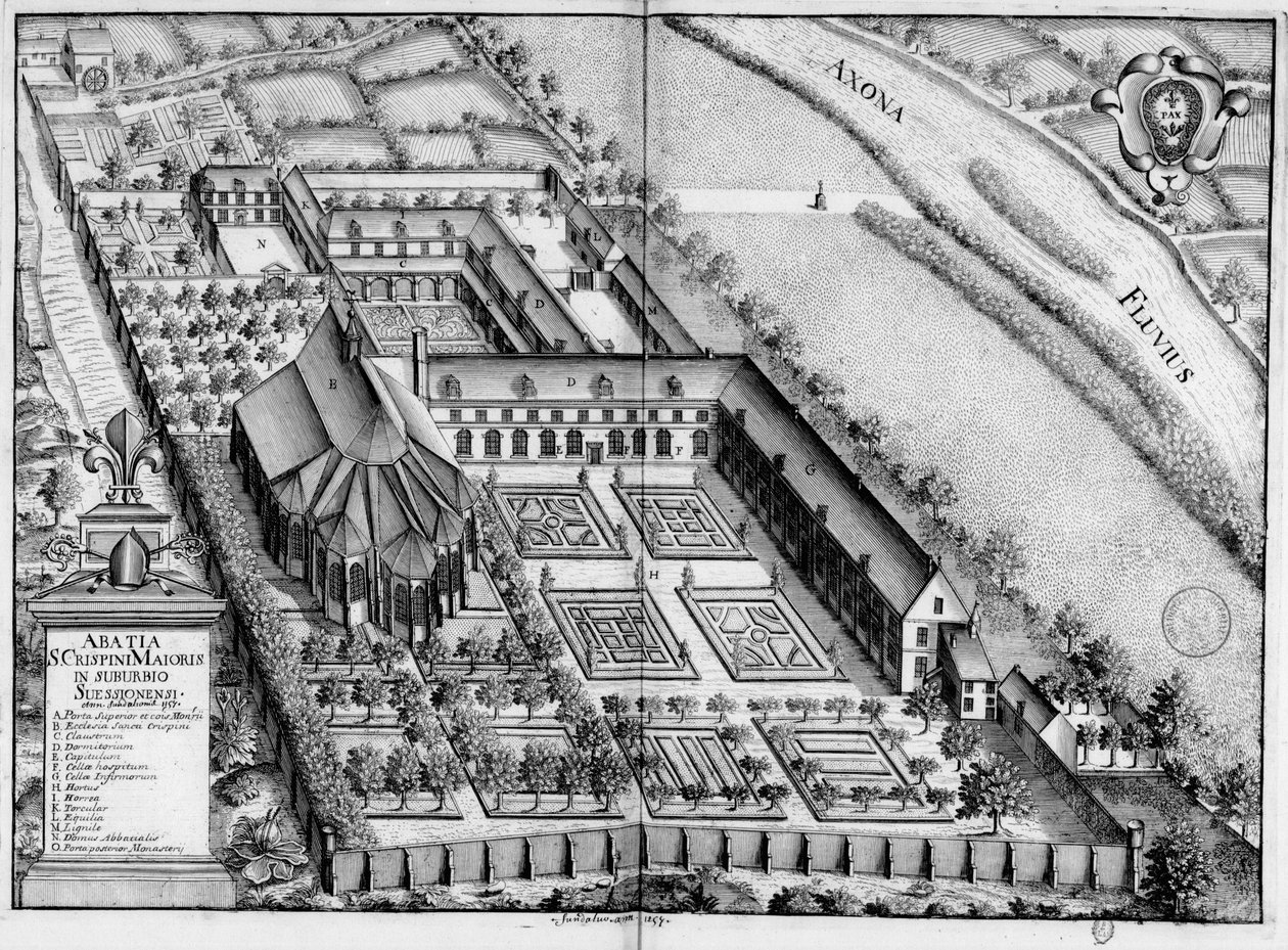 Rytina ze 17. století zobrazující opatství Saint-Crépin-Le-Grand v Soissons, v knize Monasticon Gallicanum. od Michel Germain