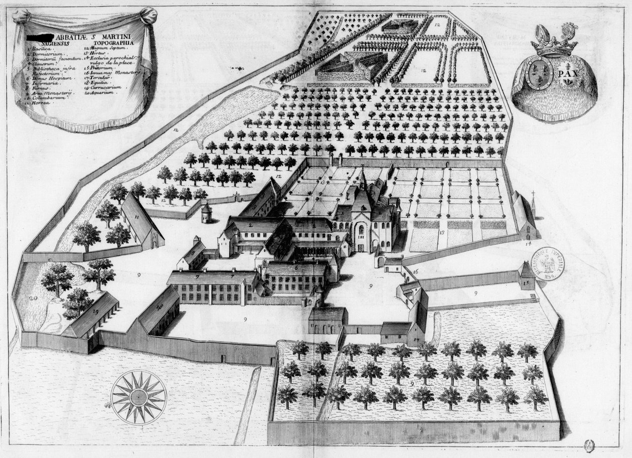 Rytá deska ze 17. století představující opatství svatého Martina de Sées, v knize Monasticon Gallicanum od Michel Germain