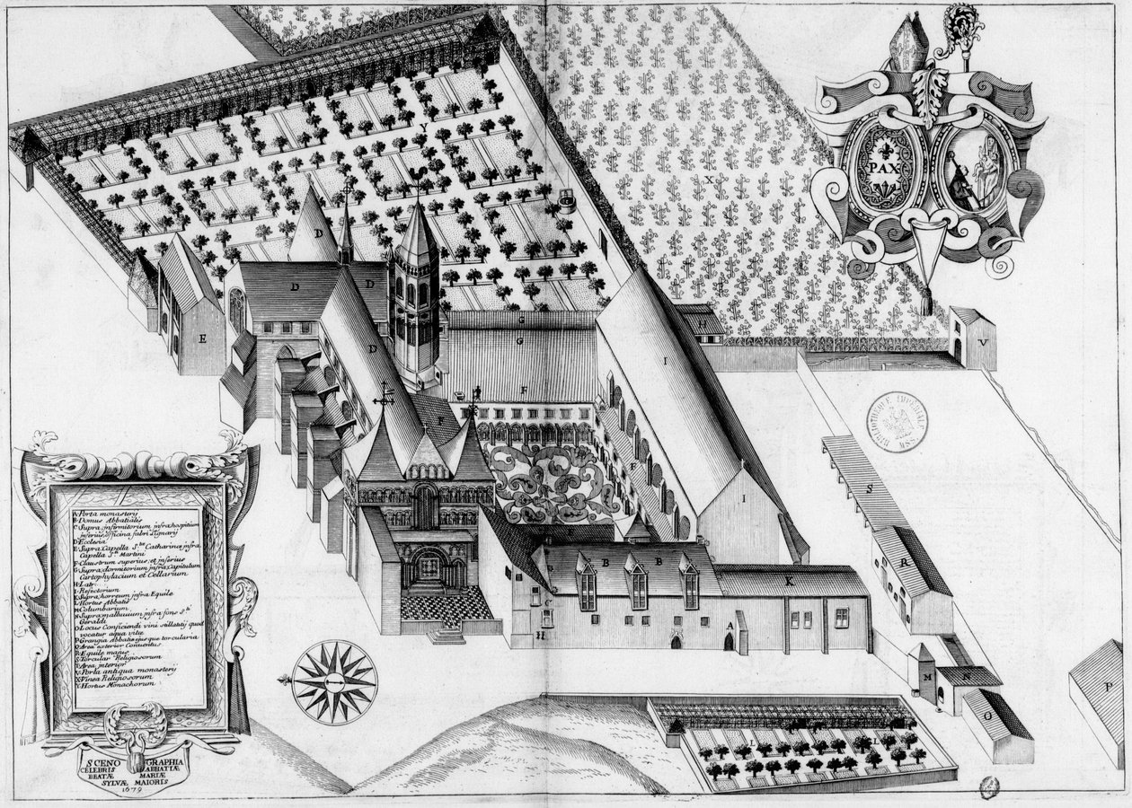 Rytá deska ze 17. století představující opatství La Sauve-Majeure ve Francii z knihy Monasticon Gallicanum od Michel Germain
