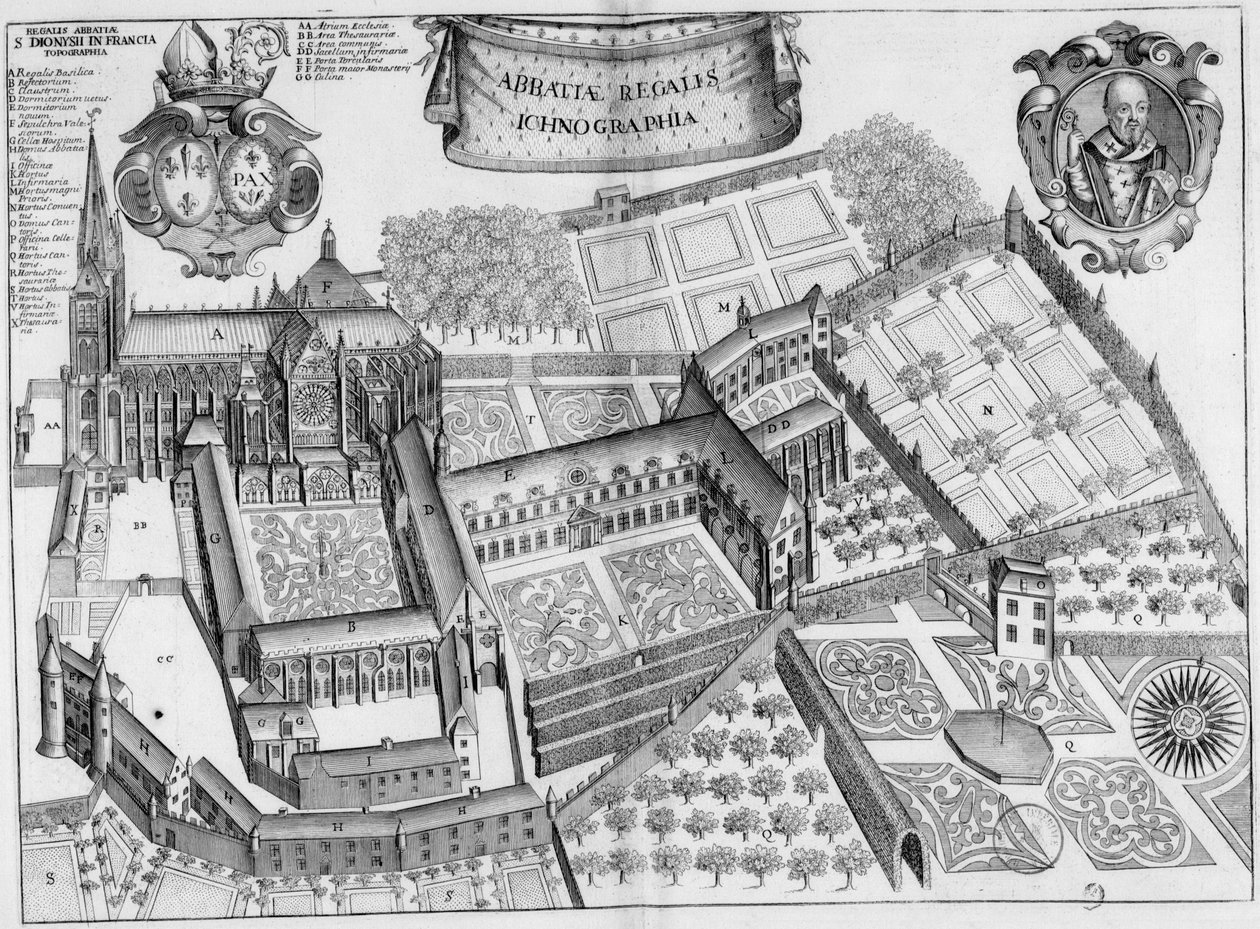 Rytá deska ze 17. století představující opatství Saint-Denis ve Francii, v knize Monasticon Gallicanum od Michel Germain