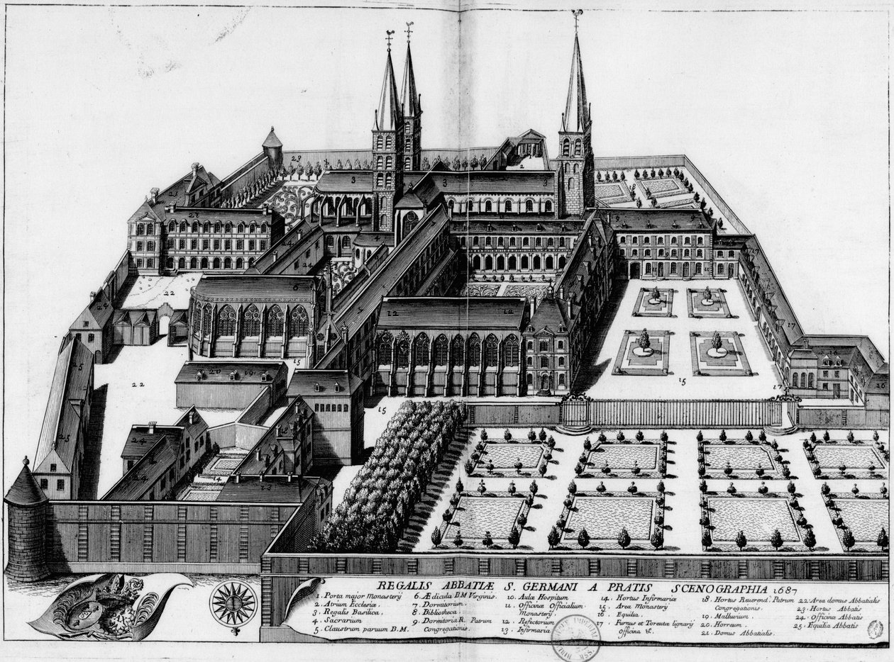 Deska z roku 1687, zobrazující opatství St. Germain des Prés v Paříži od Michel Germain