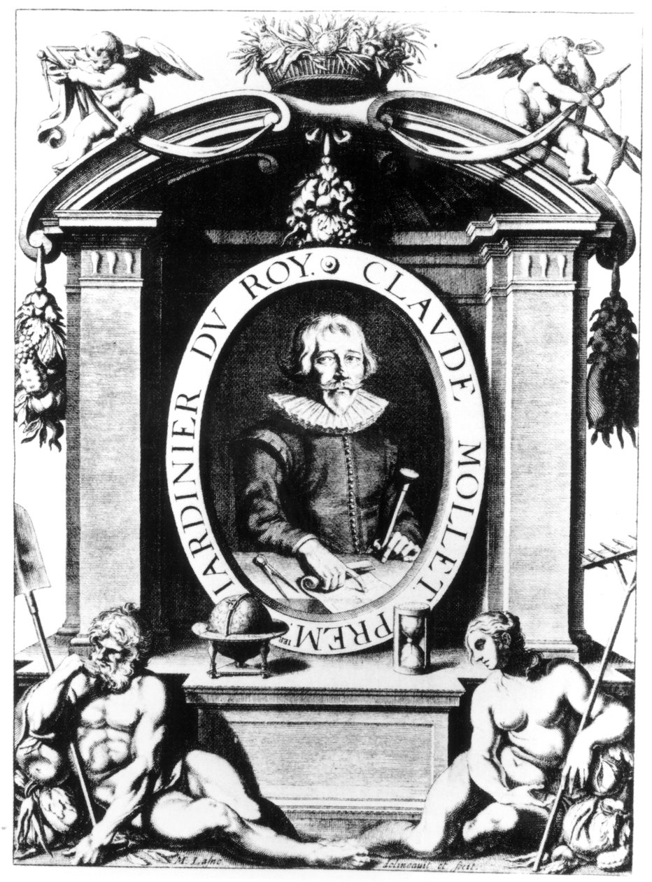 Portrét Clauda Molleta, frontispis k „Theater des Plans et Jardinages“, od Clauda Molleta, vydáno 1652 od Michel Lasne