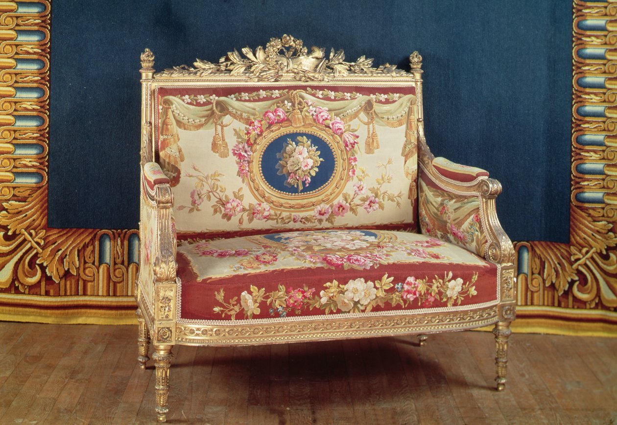 Milostné křeslo ve stylu Ludvíka XVI. pro salon Chateau de Saint-Cloud, 1855 (dřevo a tapisérie) od Michel Victor Cruchet