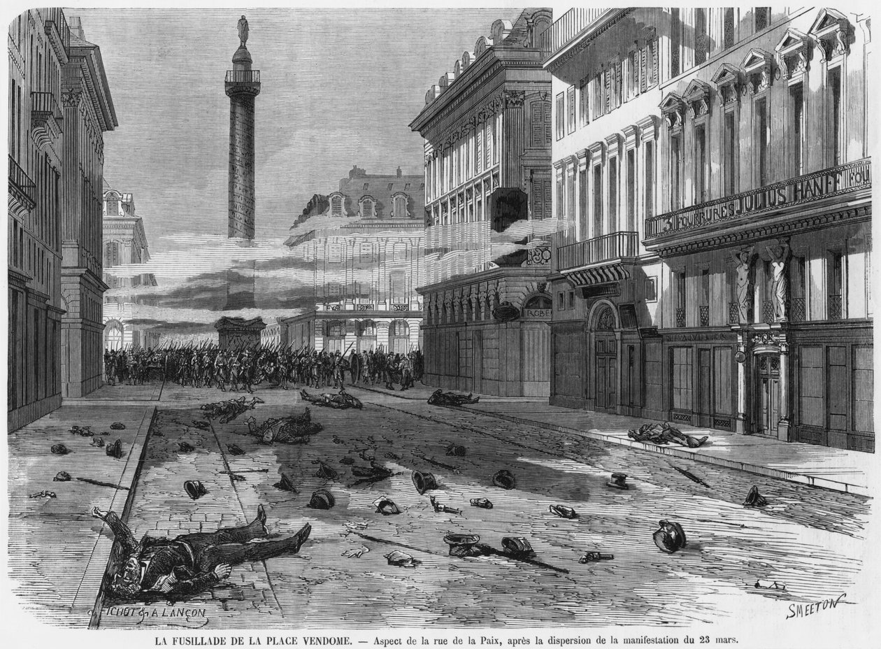 Střelba z náměstí Place Vendome, po rozehnání demonstrace v rue de la Paix, Paříž, rytina Burn Smeeton (fl.1840-60) 23. března 1871 od Michel and Lancon, Auguste Fichot