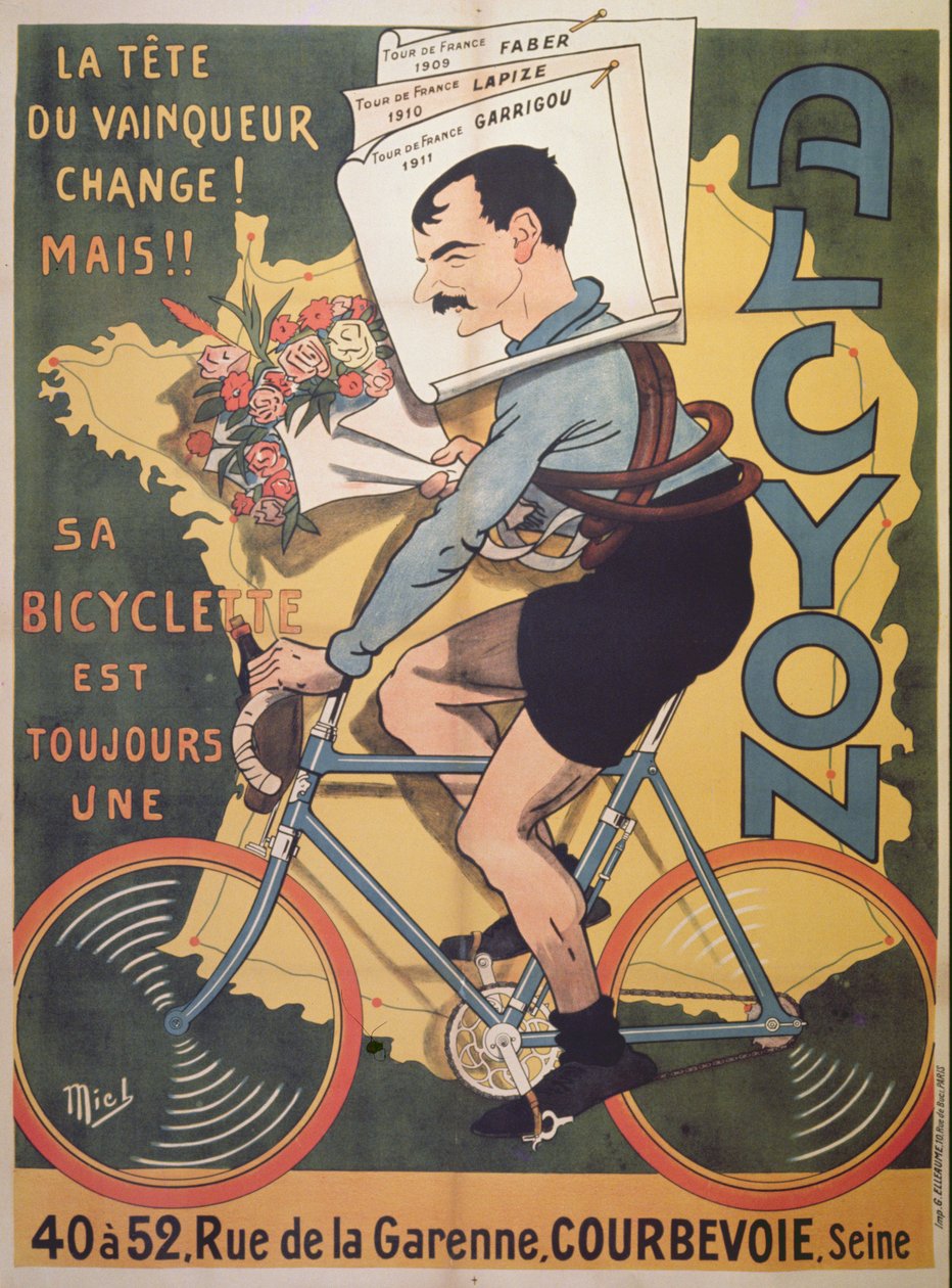 Reklamní plakát cyklů „Alcyon“ s vítězi Tour de France Faber (1909), Lapize (1910), Garrigou (1911) 1911 od Michel Liebeaux