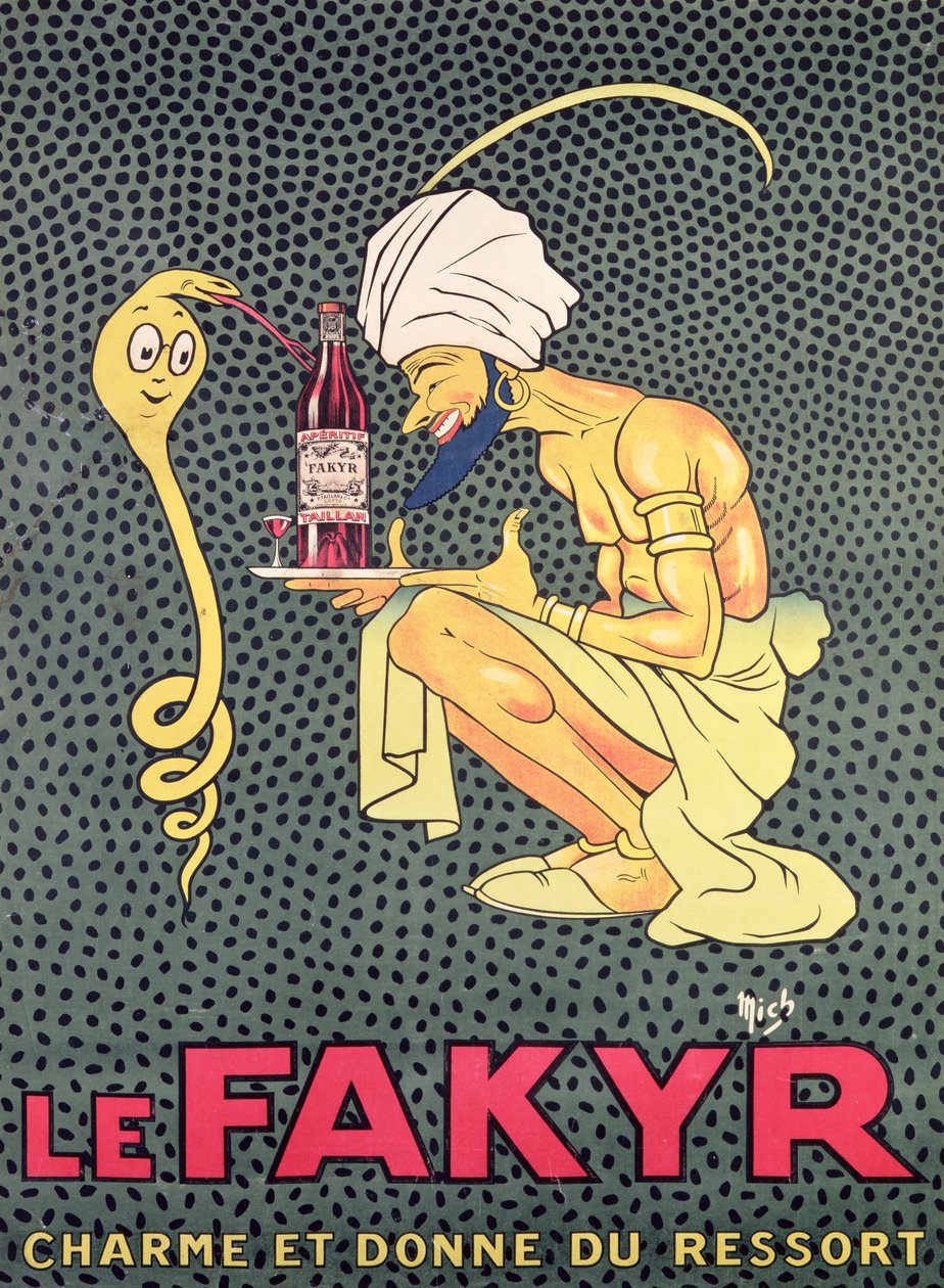 Fakír: zaklínač a dárce ducha, reklama na aperitiv "Fakír" (ručně kolorovaná rytina) od Michel Liebeaux