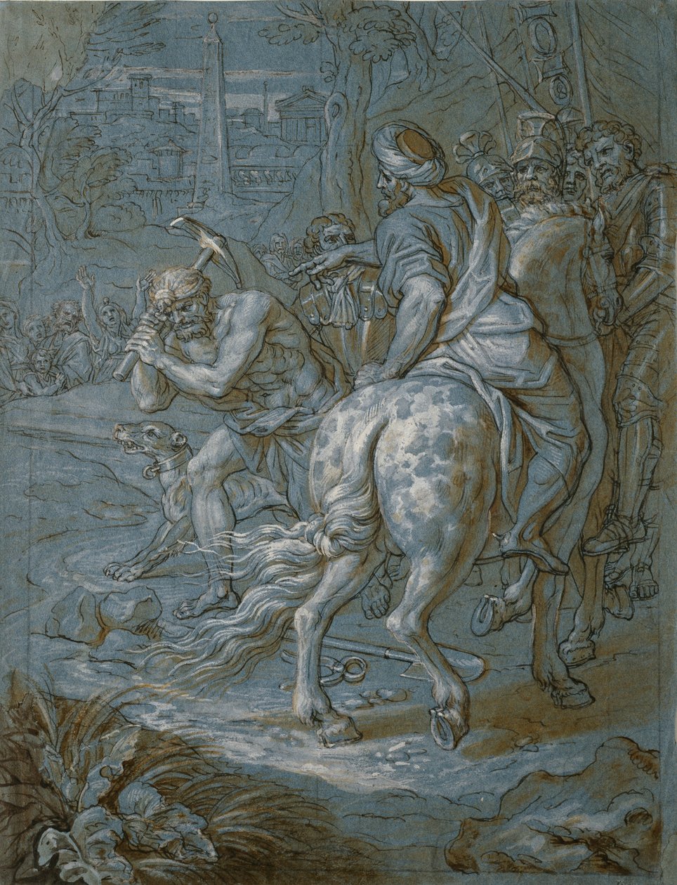 Breaking Ground for erection of the Cross, c.1680 (pero a hnědý inkoust s praním a kvašem na papíře) od Michel des Gobelins Corneille