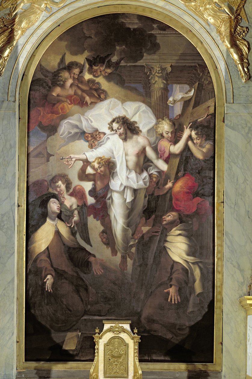Kristus vzkříšený mezi svatou Terezií z Avily (1515-82) a svatým Janem od Kříže (1524-91) od Michel des Gobelins Corneille