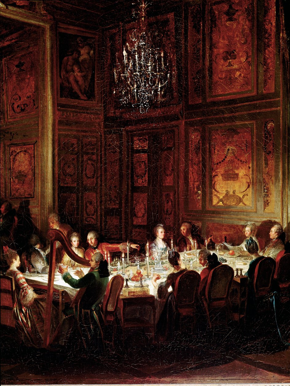 Večeře prince Louise Francoise de Conti, Palác chrámu”” Detail. Obraz Michela Barthelemyho Olliviera (1712-1784) 1766 Ne. 0,56x0,71 Versailles, musee du chateau od Michel Barthelemy Ollivier or Olivier