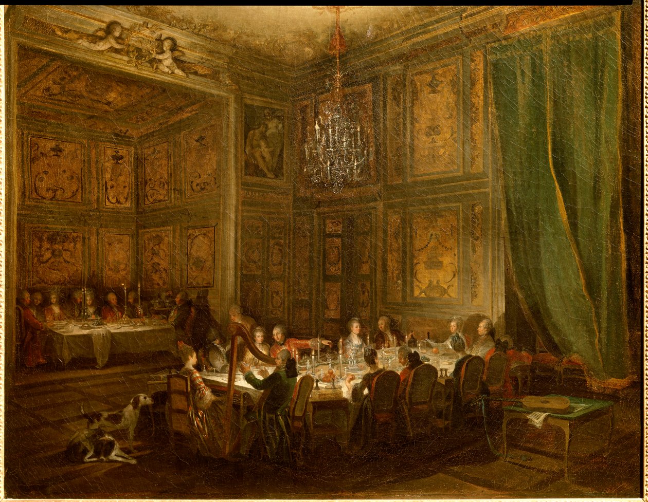 Večeře prince Louise Francoise de Conti, chrámový palác Obraz od Michela Barthelemyho Olliviera (1712-1784) 1766 ne. 0,56x0,71 od Michel Barthelemy Ollivier or Olivier