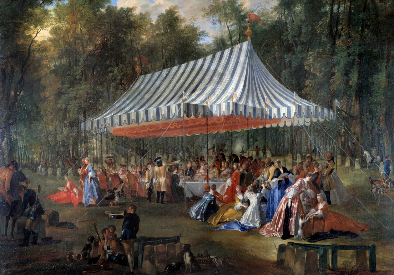 Slavnost pořádaná Louisem Francoisem Josephem de Bourbon, princem z Conti, dědičnému princi Charlesi Guillaume Ferdinandovi Brunswick Luebourg (1735-1806), pod stanem, v lese Cassan, na Isle Adam v roce 1766 Banket v parku. Obraz Michel Ba od Michel Barthelemy Ollivier or Olivier