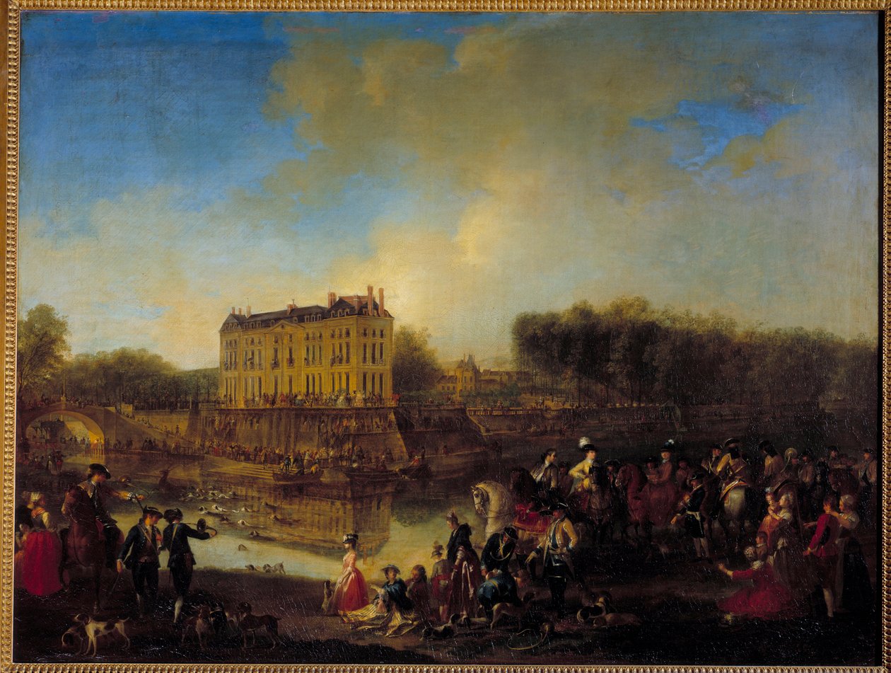 Jelen ulovený ve vodě před Chateau de l