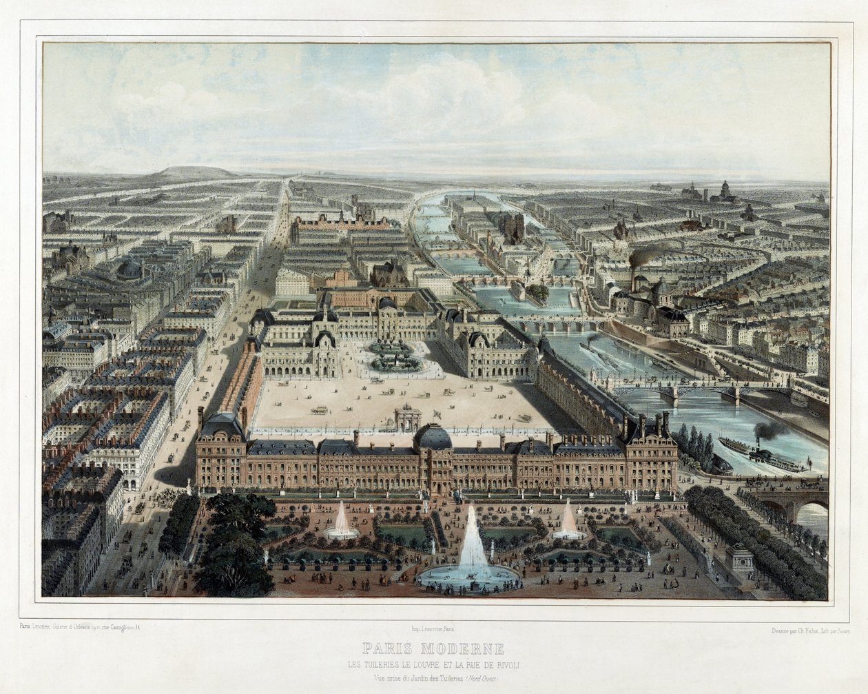 Paris Moderne - Tuileries, Louvre a rue de Rivoli, pohled z Jardin des Tuileries (severozápad), hospoda. 1850 (barevná litografie) od Michel Charles Fichot