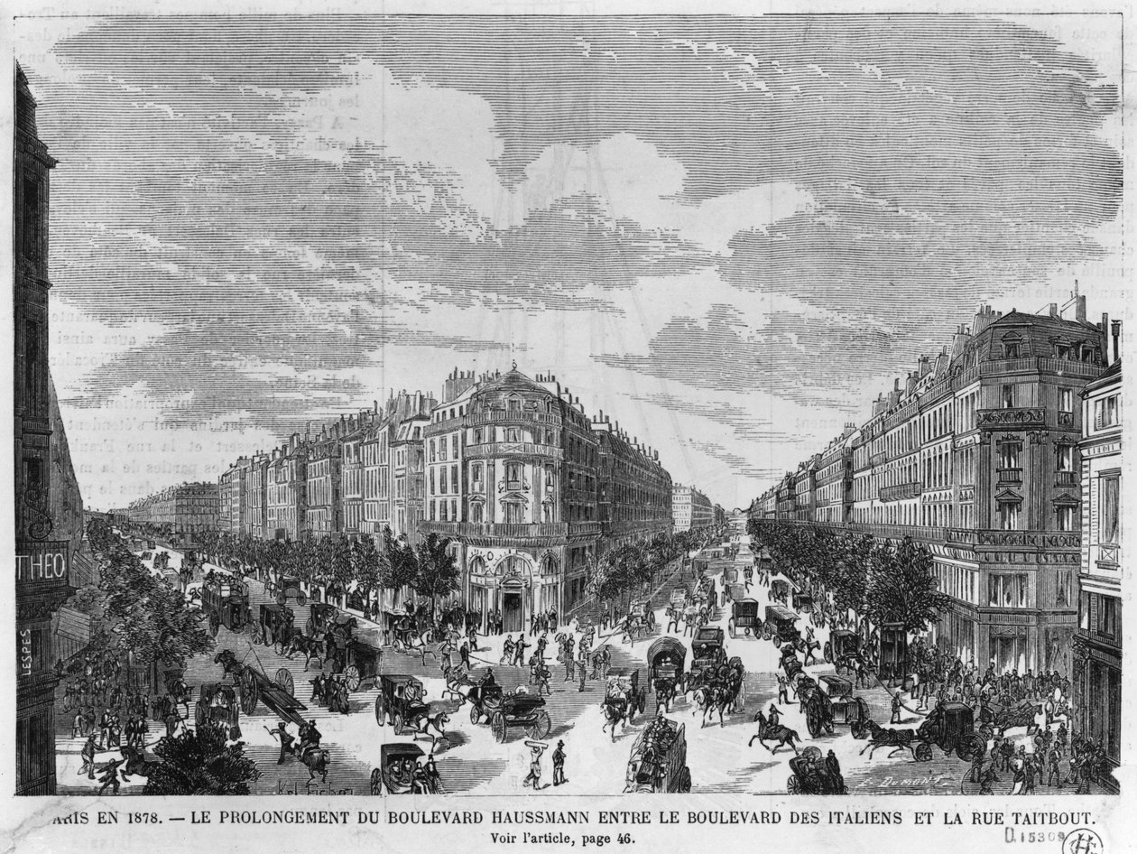 Paříž v roce 1878, Boulevard Haussmann rozšířený mezi Boulevard des Italiens a rue Taitbout, vyryl Louis Dumont (nar. 1822) koncem 19. století od Michel Charles Fichot