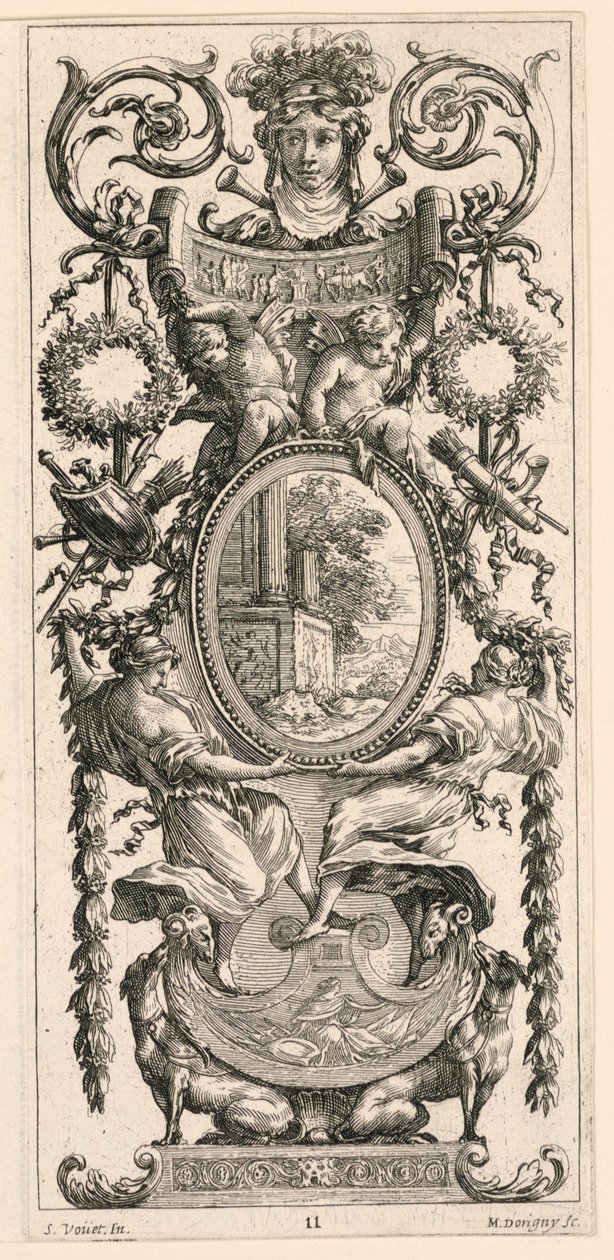 Okrasný panel s hlavou lemovanou listovím, deska 11 z Okrasného panelu s hlavou lemovanou listovím, z Livre de Diverses Grotesques peintes dans le Cabinet et Bains de la Reyne Regente, au Palais Royale od Michel Dorigny