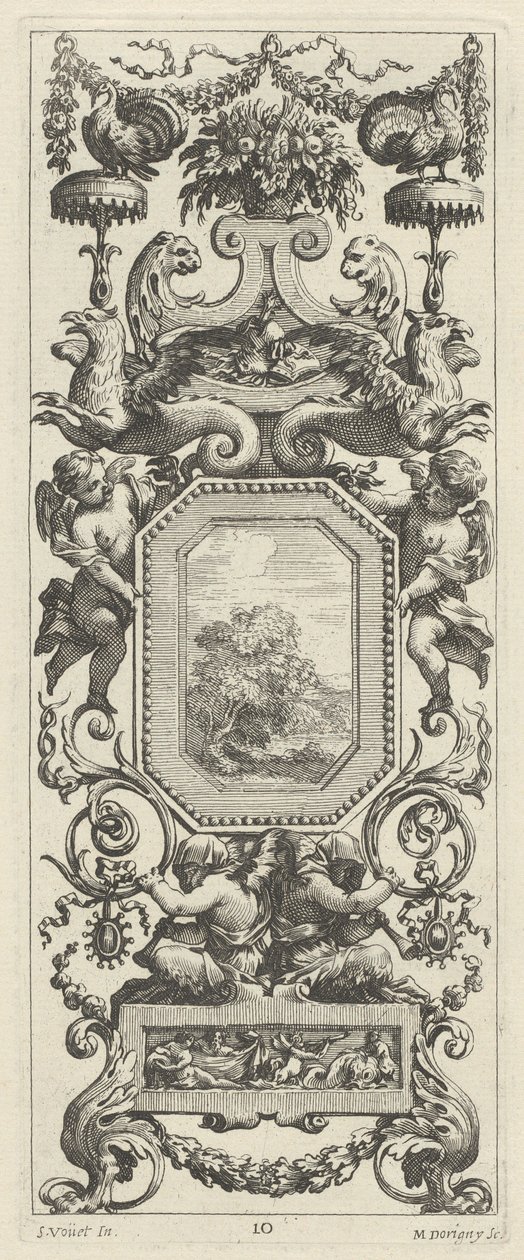 Okrasný panel převýšený košíkem květin a girlandou od Michel Dorigny, after Simon Vouet