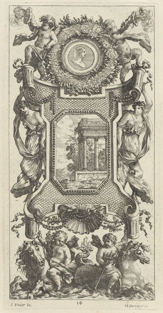 Ozdobný panel převýšený bustou ženy a dvěma putti s planoucími trubkami od Michel Dorigny, after Simon Vouet
