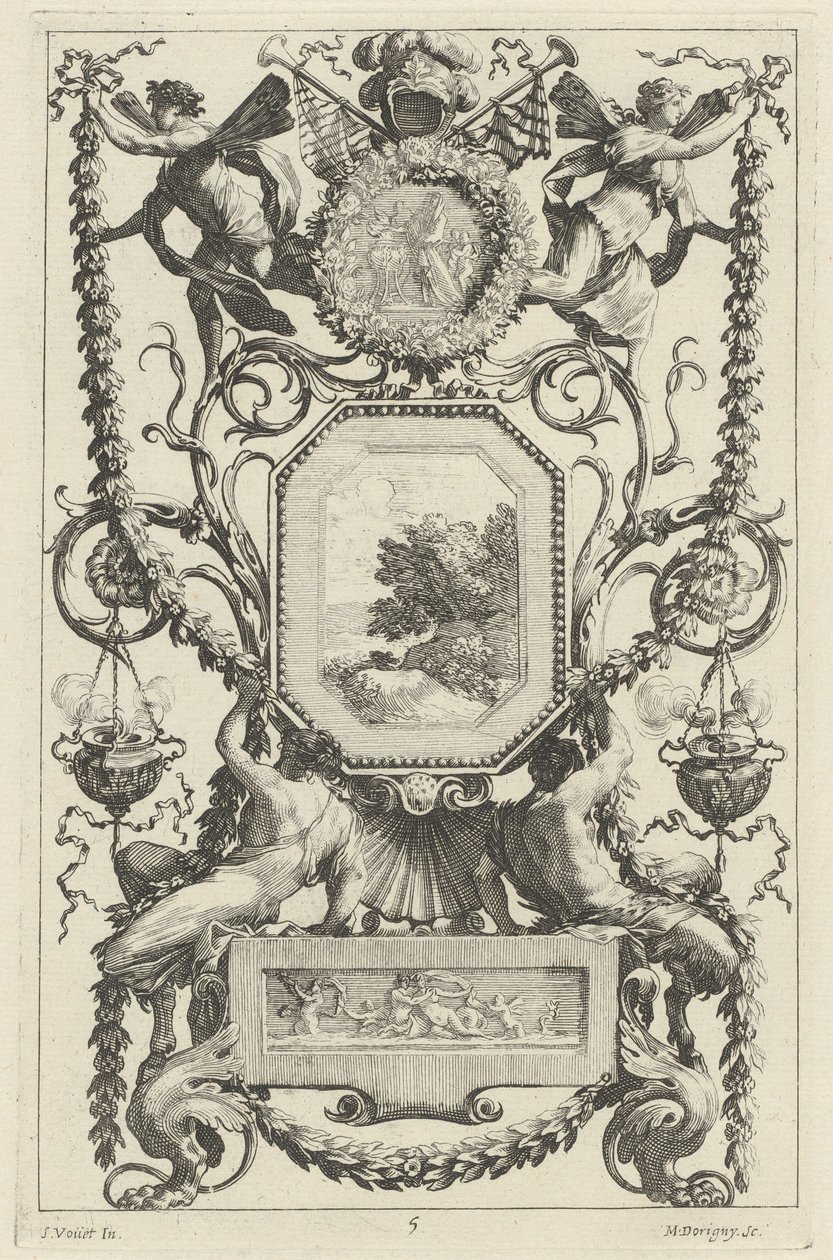 Ozdobný panel převýšený medailonem s obětí od Michel Dorigny, after Simon Vouet