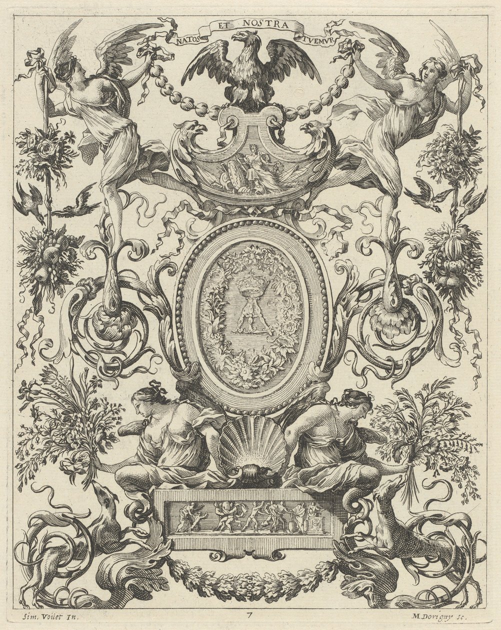 Okrasný panel převýšený orlem a heslem NATOS ET NOSTRA TUEMUR od Michel Dorigny, after Simon Vouet
