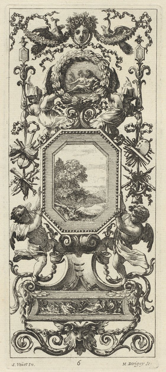 Ozdobný panel převýšený korunovanou hlavou ženy a dvěma pávy od Michel Dorigny, after Simon Vouet