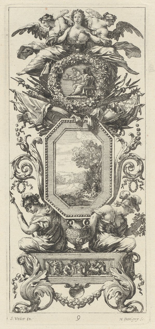 Ornamentální panel převýšený dvěma postavami opřenými o poprsí ženy od Michel Dorigny, after Simon Vouet