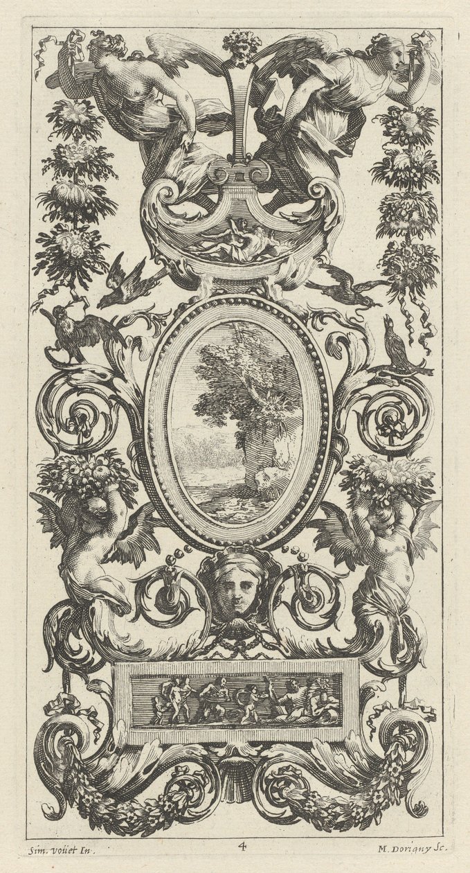Ozdobný panel s pánví a dvěma ženami nesoucími girlandu od Michel Dorigny, after Simon Vouet