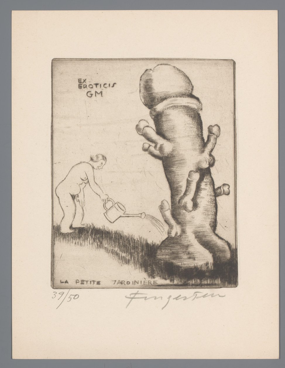 Ex libris van Gianni Mantero Ex eroticis GM (název na předmětu) La petite jardinière (název na objektu) od Michel Fingesten (signed by artist)