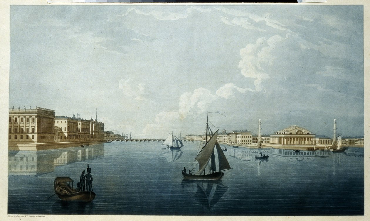 Burza cenných papírů a Mramorový palác v Petrohradě. Popis břehů Něvy. Dílo Michela Francoise Damama Demartraita (1763-1827), litografie, prostředí od Michel Francois Damam Demartrait