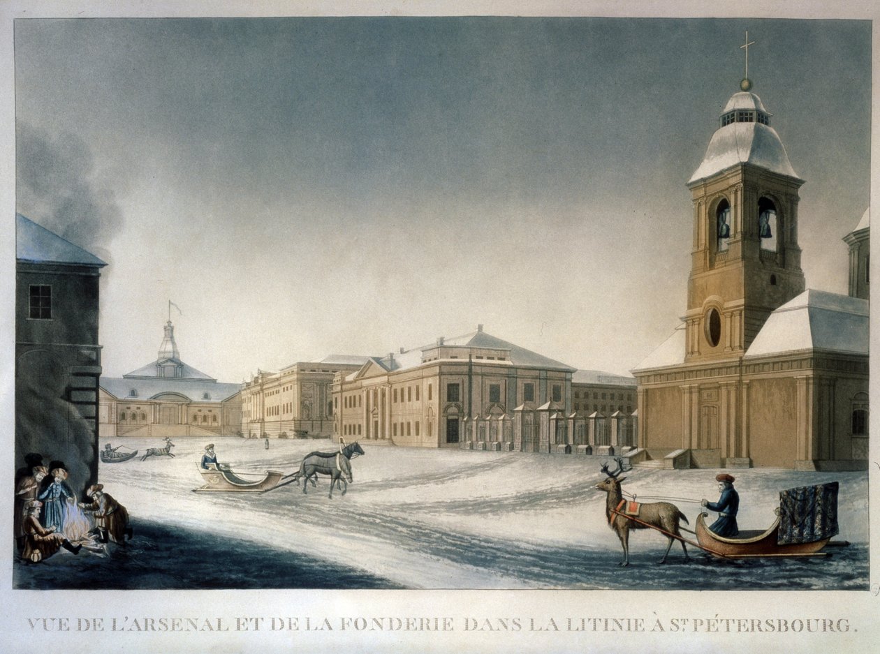 The Saint Petersburg Arsenal and the Foundry in the Litinie (Avenue of the Foundry) (The St Petersburg Arsenal at the Foundry Avenue). Dílo Michela Francoise Damama Demartraita (1763-1827). Akvarel na papíře, cca 1820, francouzské umění. Státní ruský Mu od Michel Francois Damam Demartrait