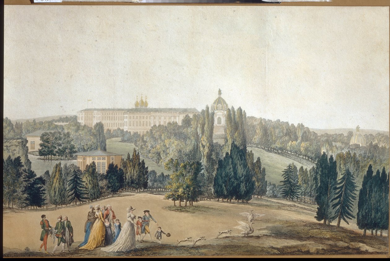 Pohled na Tsarkoye Selo (Sankt Petersburg). Promenáda císařovny Kateřiny II (1729-1796). (Pohled na Tsarkoye Selo. Císařovna Kateřina II. Chůze). Dílo Michela Francoise Damama Demartraita (1763-1827), rytina a akvarel. francouzské umění od Michel Francois Damam Demartrait