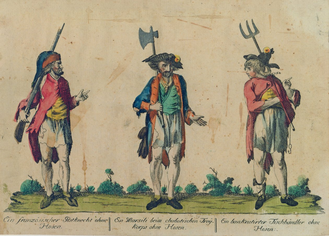 Francouzský poštovní úředník bez kalhot, marsili u Freikorpsu bez kalhot a bankrotářský prodavač ryb bez kalhot, 1793 (kolorovaný lept) od Michel Hennin