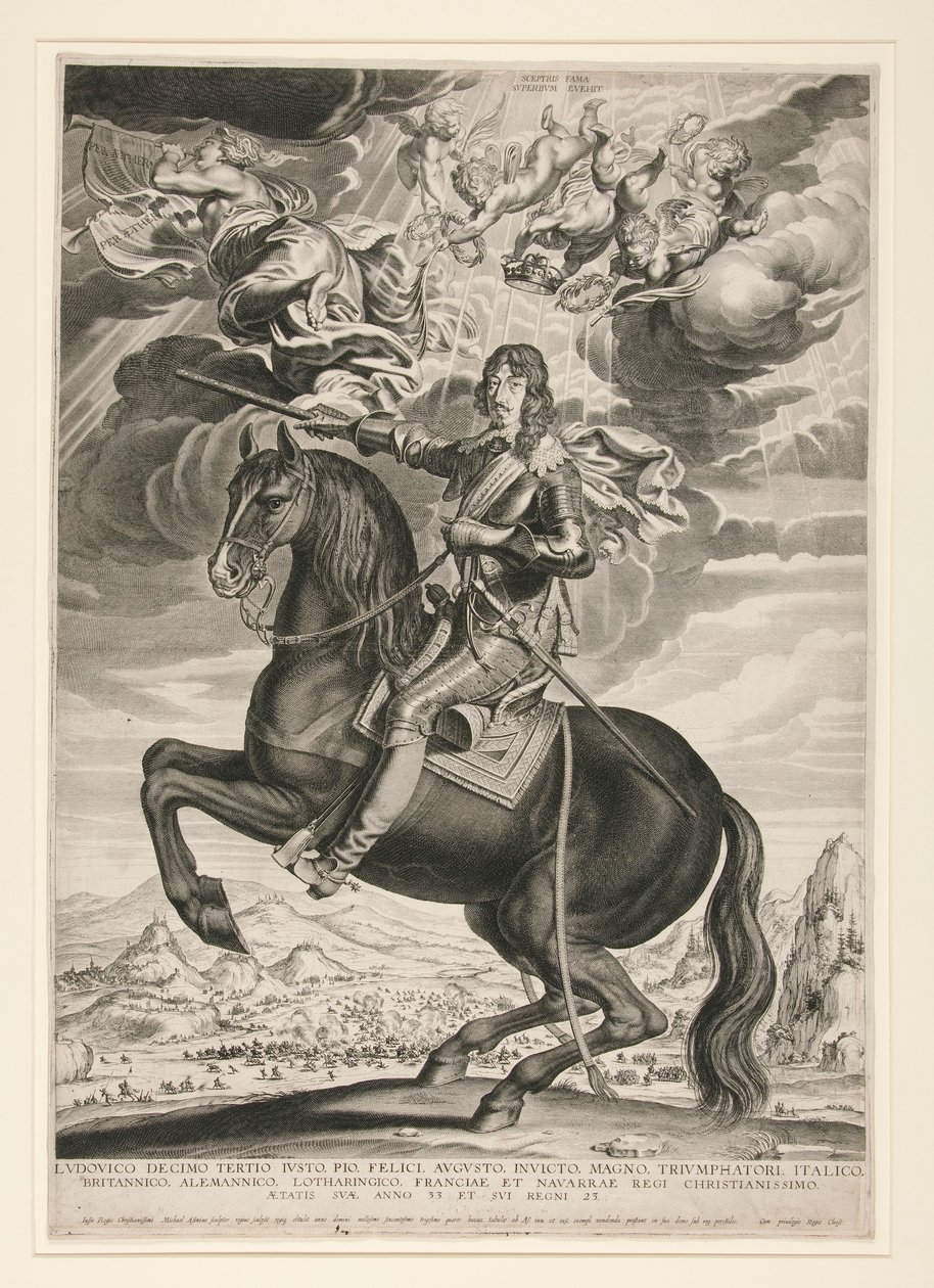 Jezdecký portrét Ludvíka XIII. (Bourbon) (1601-1603) ve věku 33 let. Krajina je po Callotovi od Michel Lasne
