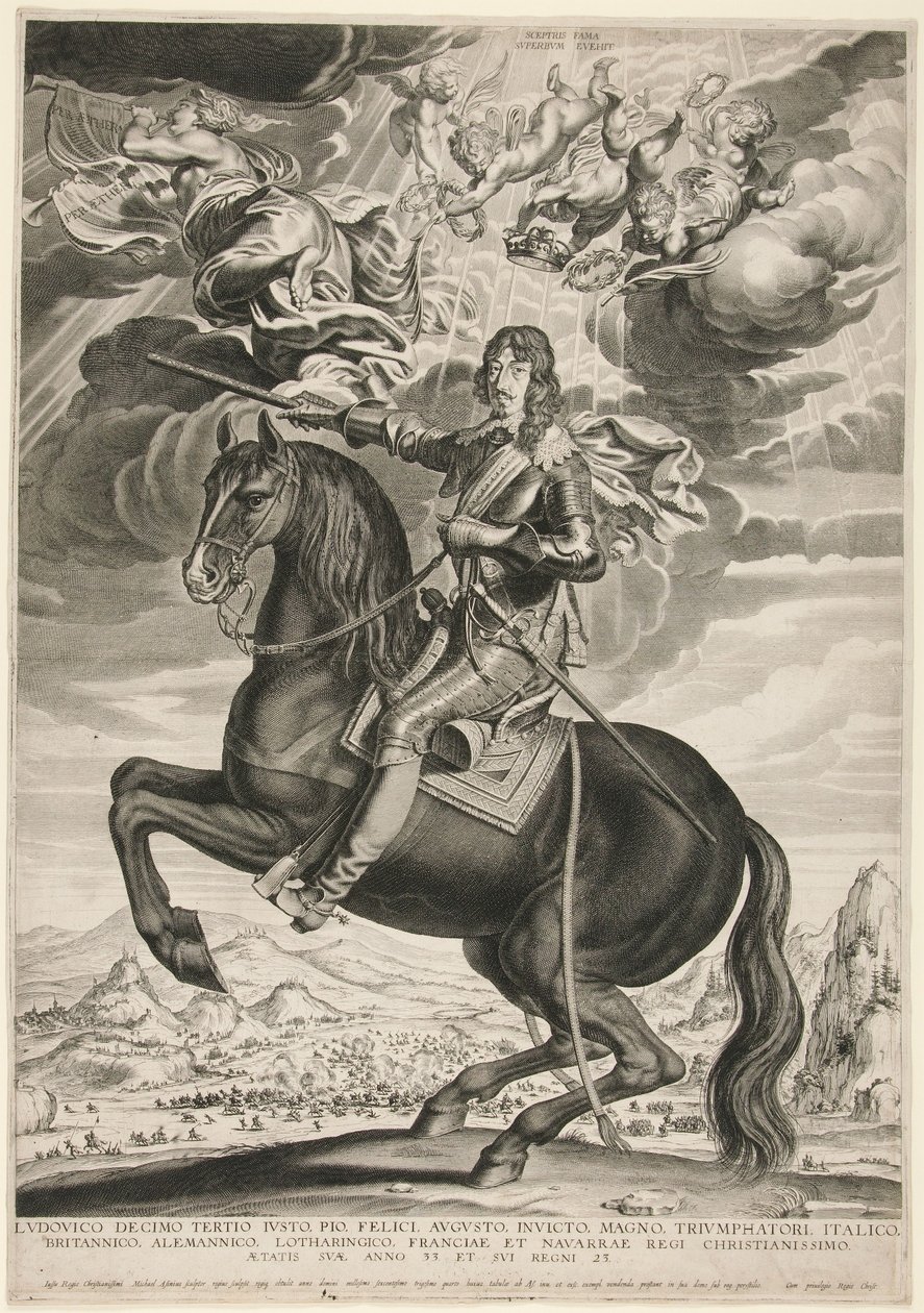 Jezdecký portrét Ludvíka XIII. (Bourbon) (1601-1603) ve věku 33 let. Krajina je podle Callota od Michel Lasne