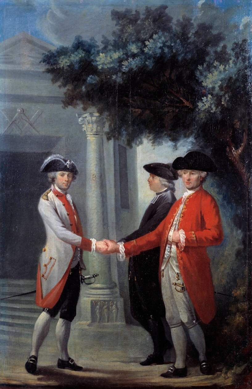 Francouzská revoluce: „Unie tří řádů““. Zastoupení zástupců kléru, šlechtice a třetího státu (třetího stavu). Symbol volné makony je znázorněn vlevo. Obraz Michel-Nicolas (Michel Nicolas) Perseval ( od Michel Nicolas Perseval