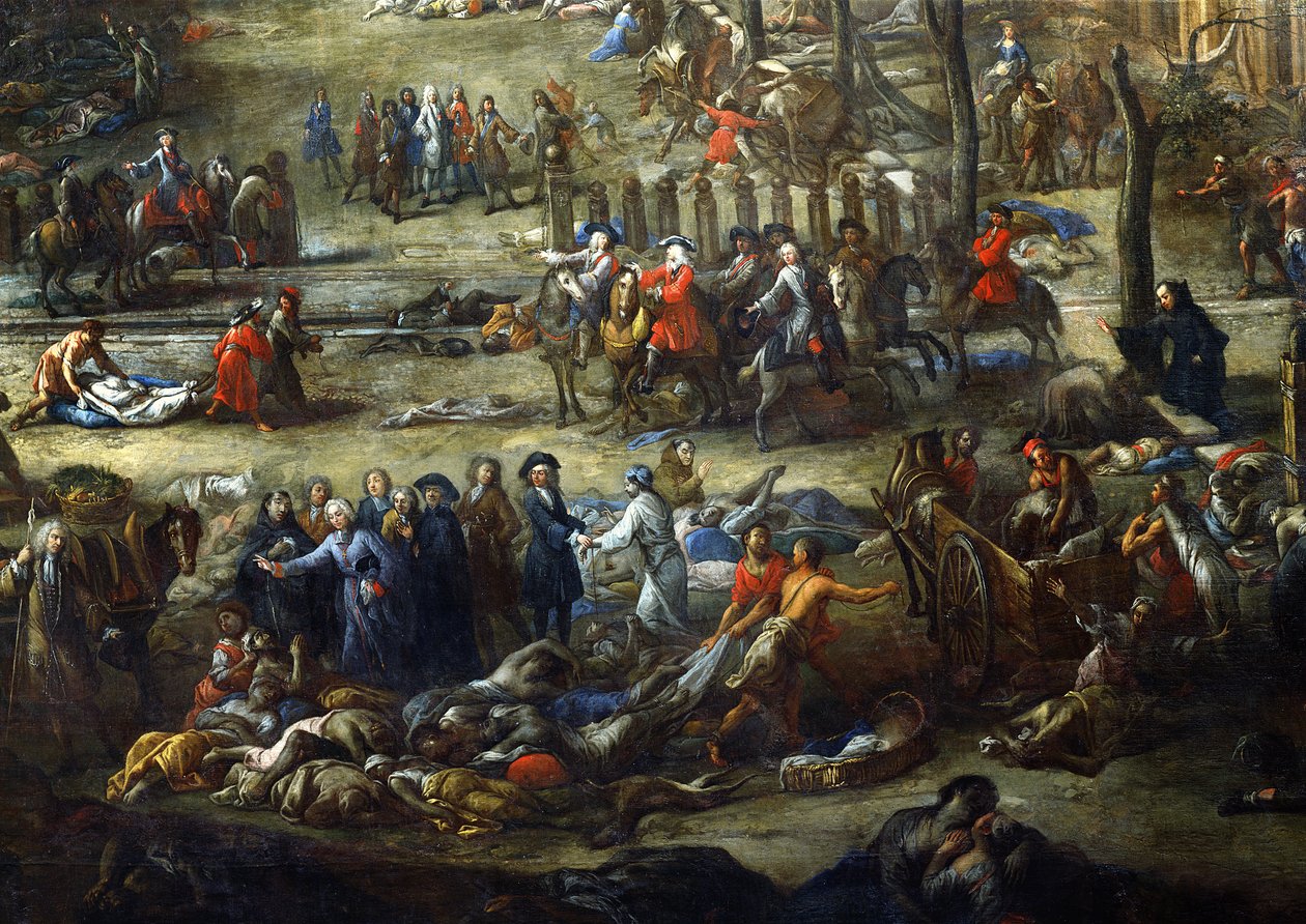 Pohled na Cours Belsunce, Marseille, během moru v roce 1720, detail zobrazující kardinála z Belsunce se skupinou mrtvol obětí moru od Michel Serre