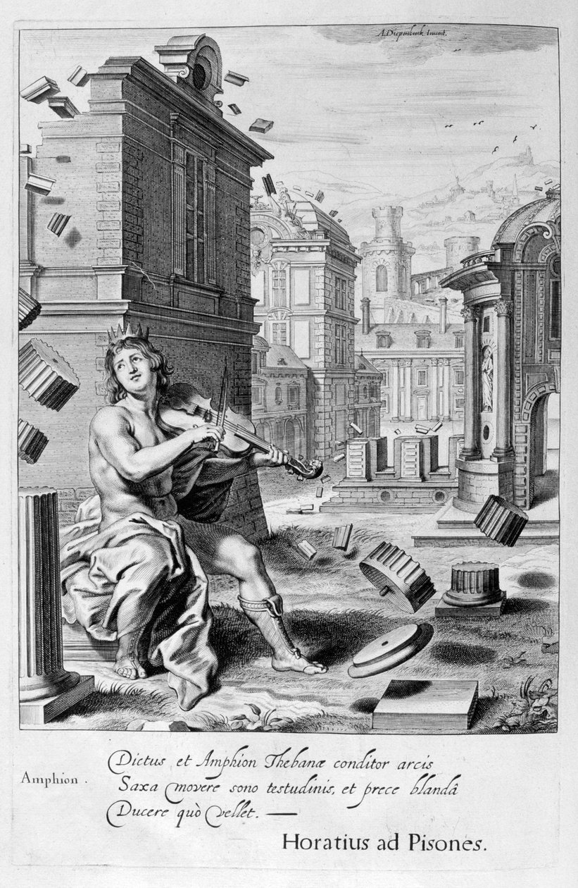 Amphion staví hradby Théb podle hudby svých houslí, 1655 od Michel de Marolles