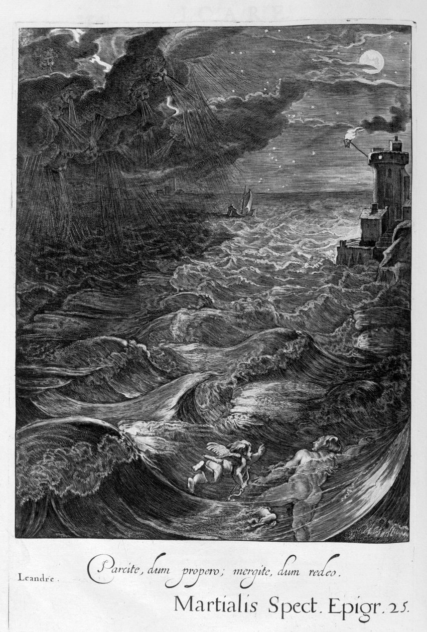 Leander plave přes Hellespont, aby potkal svou hrdinku paní, 1655 od Michel de Marolles