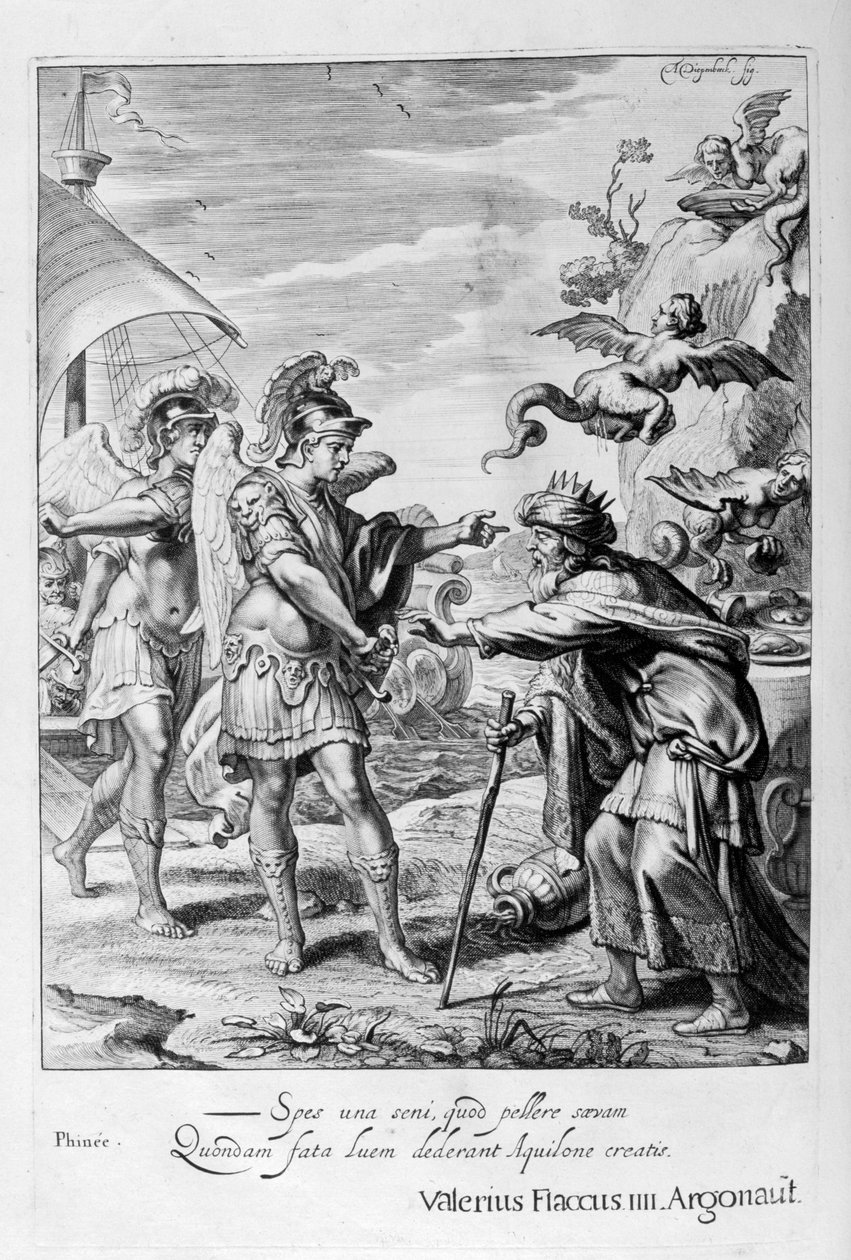 Phineus je vysvobozen z Harpyjí Calaisem a Zethesem, 1655 od Michel de Marolles