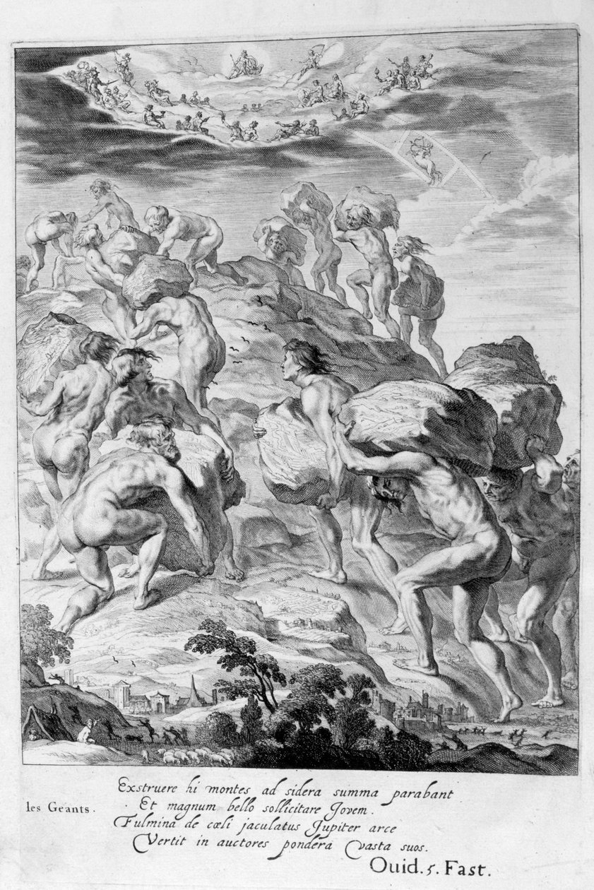 Obři se pokoušejí překonat Nebe tím, že na sebe naskládají hory, 1655 od Michel de Marolles