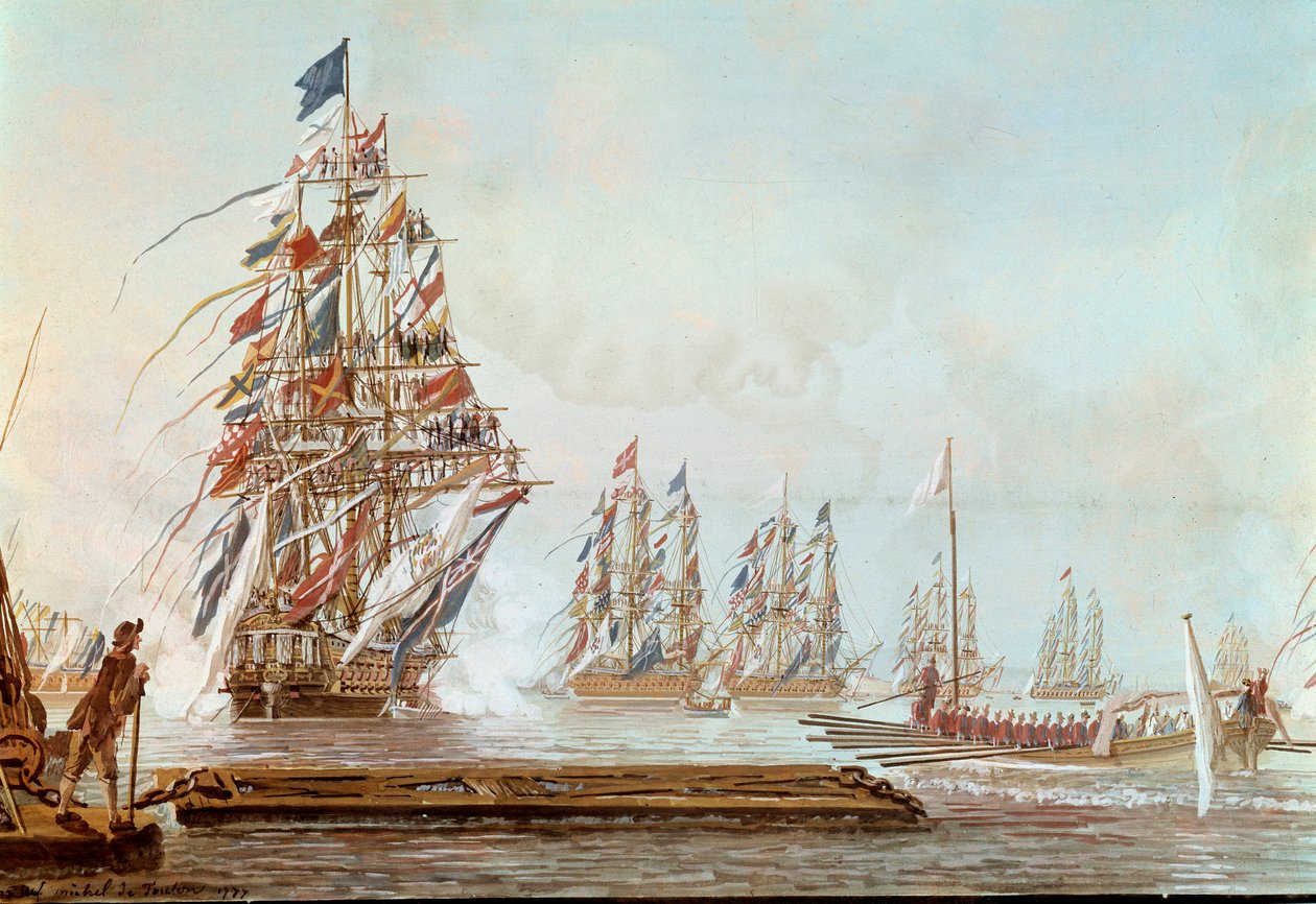 Hradební křídlo, svátek udělený v Toulonu Comte de Provence v červenci 1777 v přístavu Toulon Gouache Michel Joseph dit Michel de Toulon (aktivní mezi 1777 a 1792) 1777. Versailles, zámecké muzeum od Michel de Toulon