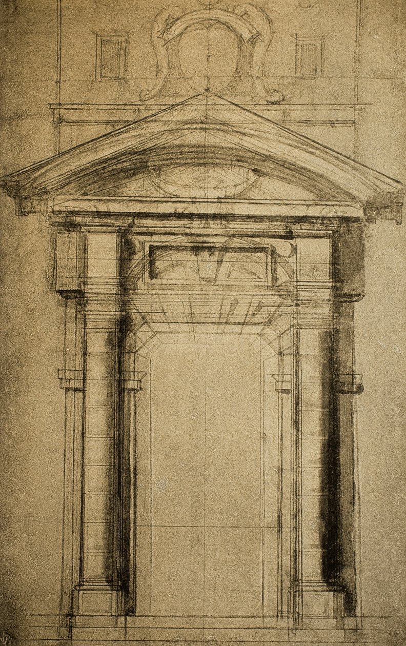 Architektonický náčrt dveří převýšených erbem; kresba Michelangelo. Casa Buonarroti, Florencie od Michelangelo Buonarroti